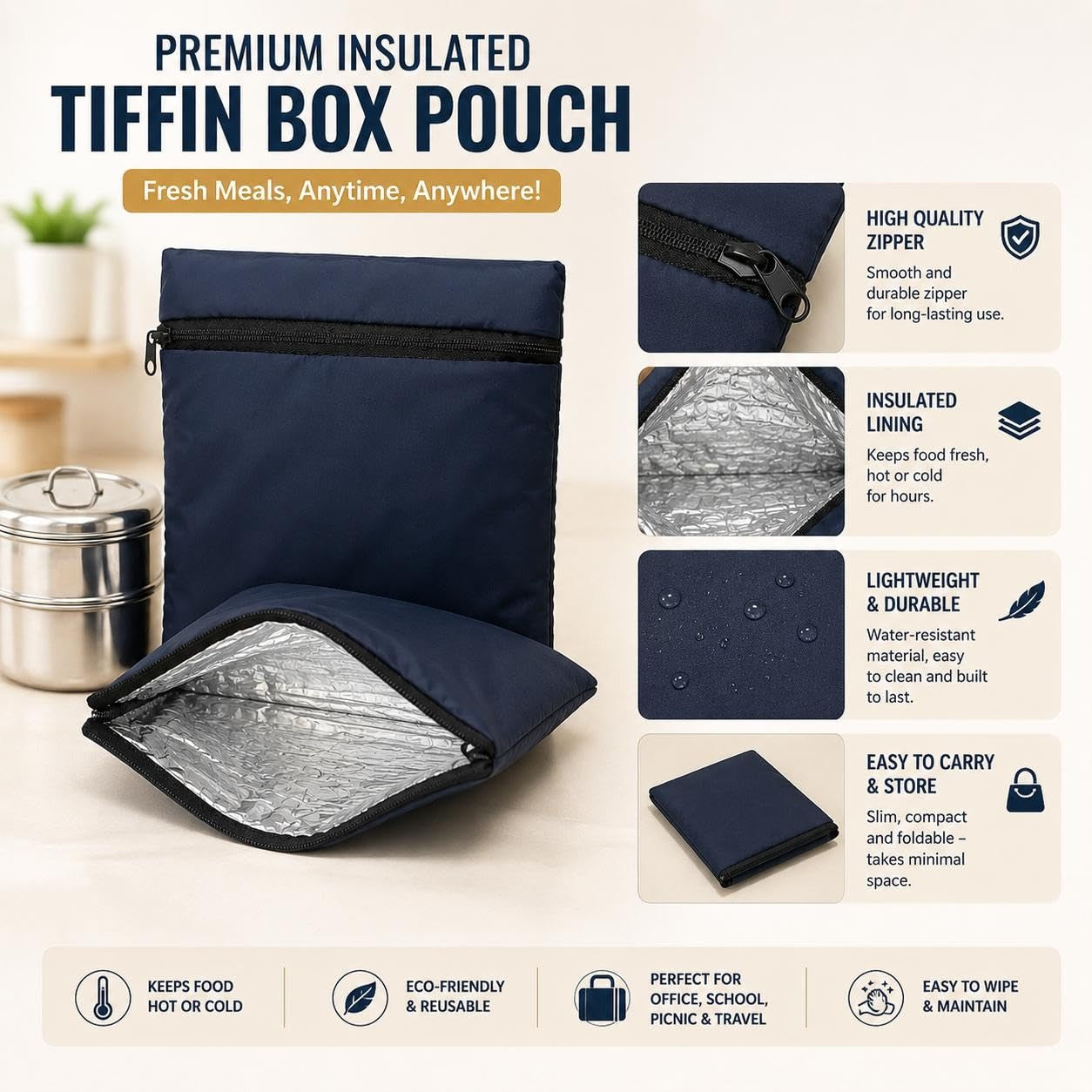 Portable Insulated Lunch Pouch for Tiffin Box