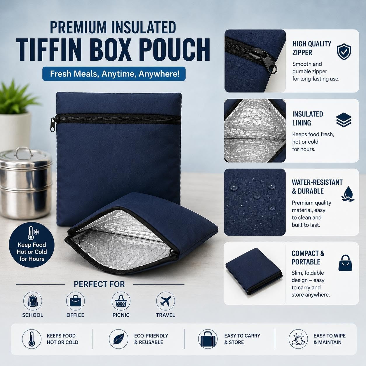 Portable Insulated Lunch Pouch for Tiffin Box